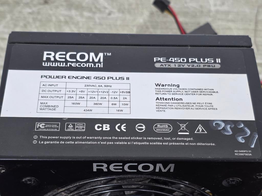 Recom 450w max voeding psu power supply pe-450plus 2, Computers en Software, Ophalen of Verzenden, Gebruikt