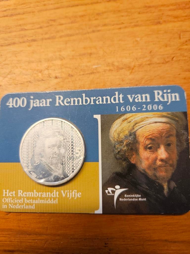 Zilveren Rembrandt Vijfje 2006 - 400 jaar Rembrandt, Postzegels en Munten, Koningin Beatrix, Zilver, Euro's, Ophalen of Verzenden