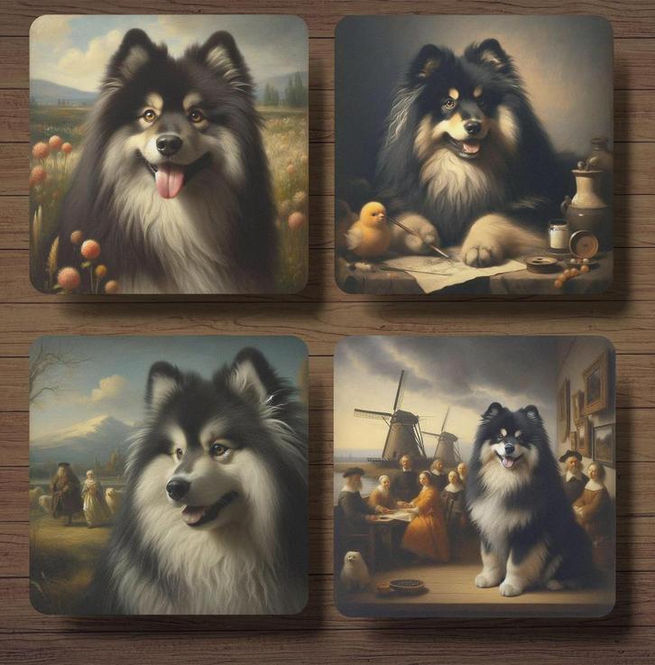 Finse Lappenhond Rembrandt stijl onderzetters met houder, Huis en Inrichting, Woonaccessoires | Onderzetters, Nieuw, Glas of Kopje