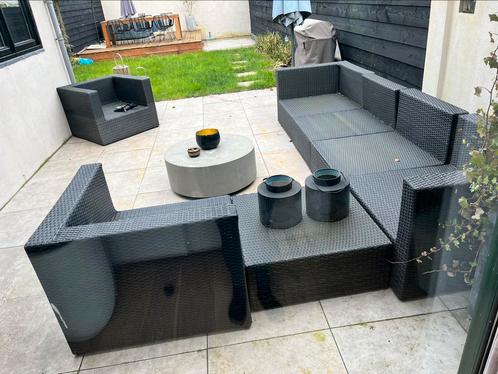 Grote zwarte wicker loungeset polyrotan, Tuin en Terras, Tuinsets en Loungesets, Gebruikt, Loungeset, Wicker, 7 zitplaatsen, Bank