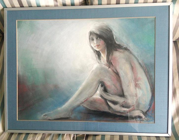 Jonge vrouw beschaafd naakt - José Canjels en gedateerd '83, Antiek en Kunst, Kunst | Schilderijen | Klassiek, Ophalen of Verzenden