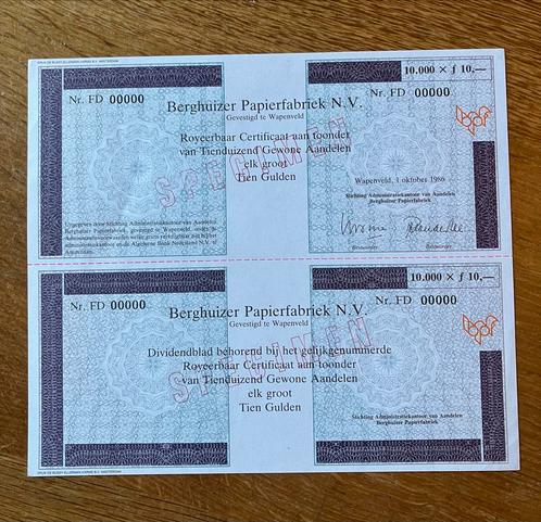 Berghuizer Papierfabriek Wapenveld Certificaat 1986, Postzegels en Munten, Aandelen en Waardepapieren, Certificaat van aandeel