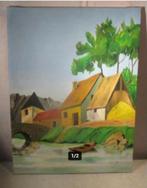 Mooi Geschilderd werk 'Huisjes bij de Brug' - 80x60, Ophalen of Verzenden