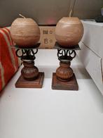 Mooie kandelaars van hout en metaal met bolkaarsen, Gebruikt, Bruin, Ophalen of Verzenden, Hout