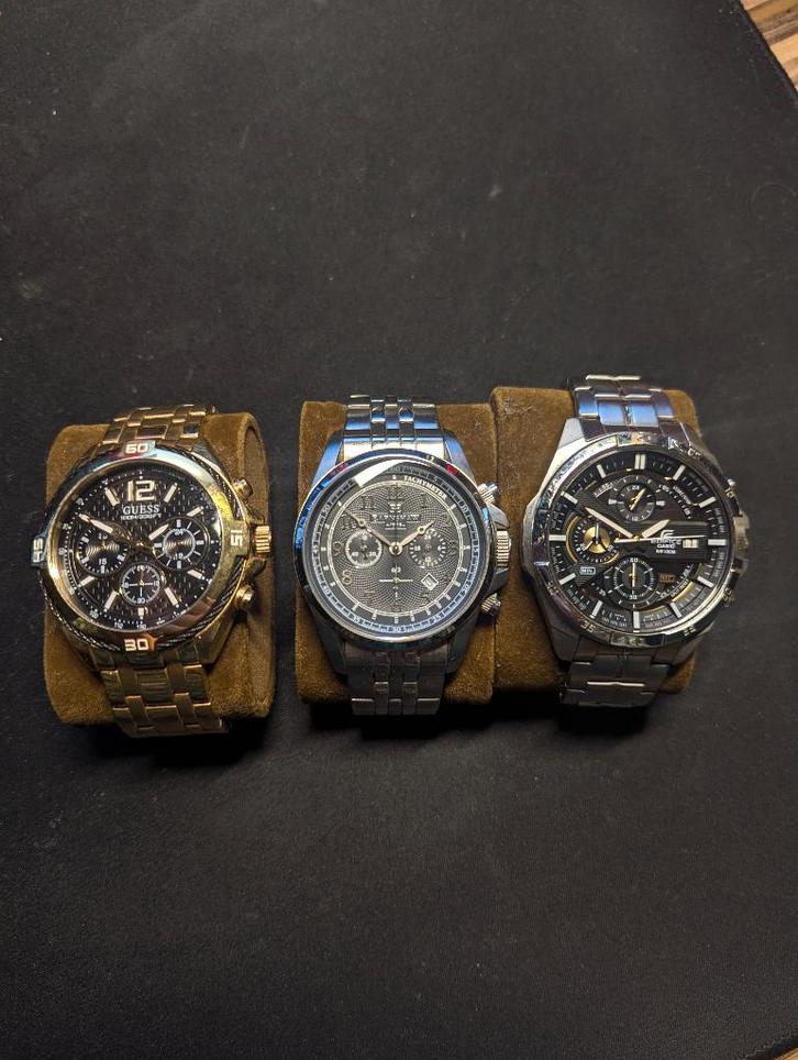 Drie herenhorloges: Guess Surge / Commodore / Casio Edifice, Sieraden, Tassen en Uiterlijk, Horloges | Heren, Zo goed als nieuw