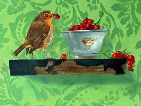 Marian van der Sanden, roodborstje met kommetje bessen, Antiek en Kunst, Kunst | Schilderijen | Klassiek, Ophalen