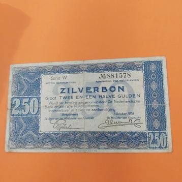 2,5 gulden biljet Zilverbon uit 1938. ZFR-
Serie W 881578 beschikbaar voor biedingen