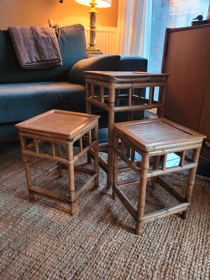Bamboe Bijzettafels - Set van 3, Huis en Inrichting, Tafels | Bijzettafels, Gebruikt, Vierkant, 45 tot 60 cm, Minder dan 55 cm