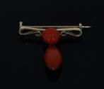 Design antieke bloedkoraal bouton pegel broche 14k goud, Ophalen of Verzenden, Goud, Broche, Met edelsteen