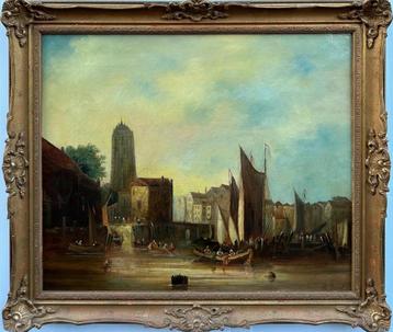 Groot oud schilderij van een haven 18/19e eeuw beschikbaar voor biedingen