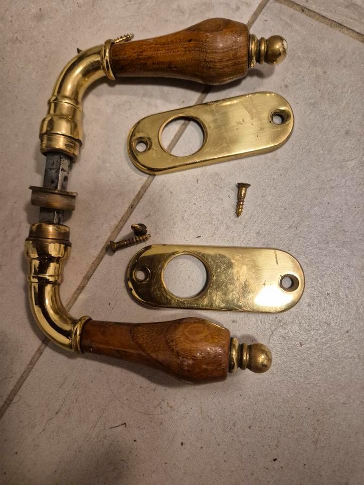 Retro Deurbeslag messing met hout, jaren '30 vintage, Doe-het-zelf en Verbouw, Hang- en Sluitwerk, Klink of Kruk, Koper of Messing