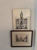 3 oude tekeningen, oud stadhuis Eindhoven. Gemerkt., Ophalen of Verzenden