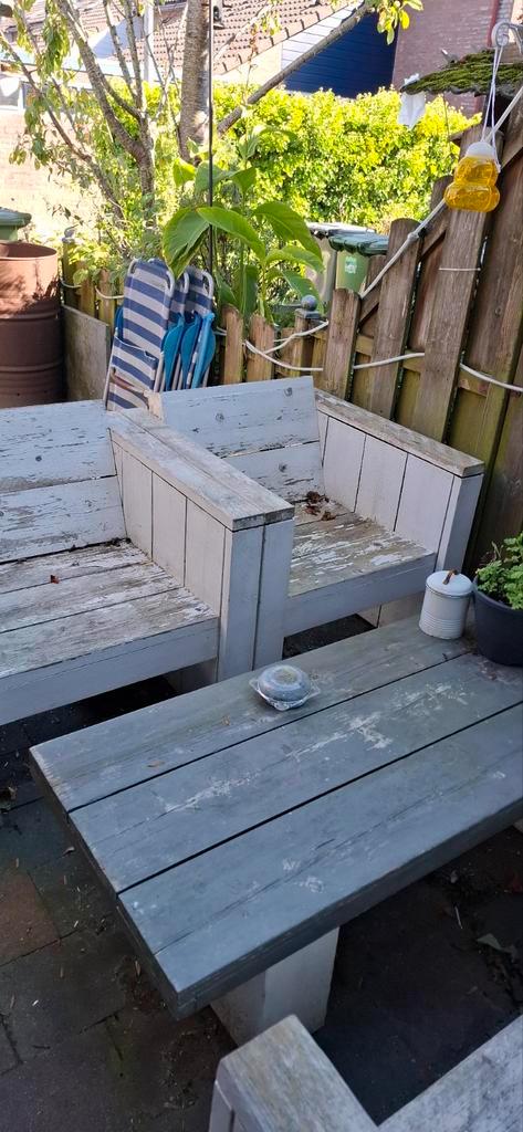 Steigerhouten Tuinset - Tafel, Bank & Stoelen, Tuin en Terras, Tuinsets en Loungesets, Gebruikt, Tuinset, Steigerhout, 4 zitplaatsen