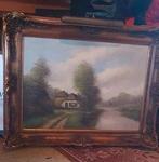 Mooi schilderij boerderij water koeien kerk., Antiek en Kunst, Ophalen