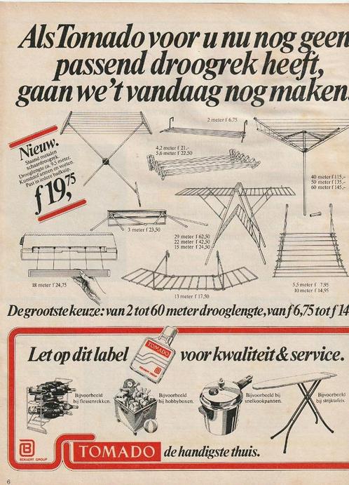 Retro reclame 1975 Tomado flessenrek strijktafel droogrek, Verzamelen, Retro, Overige typen, Verzenden