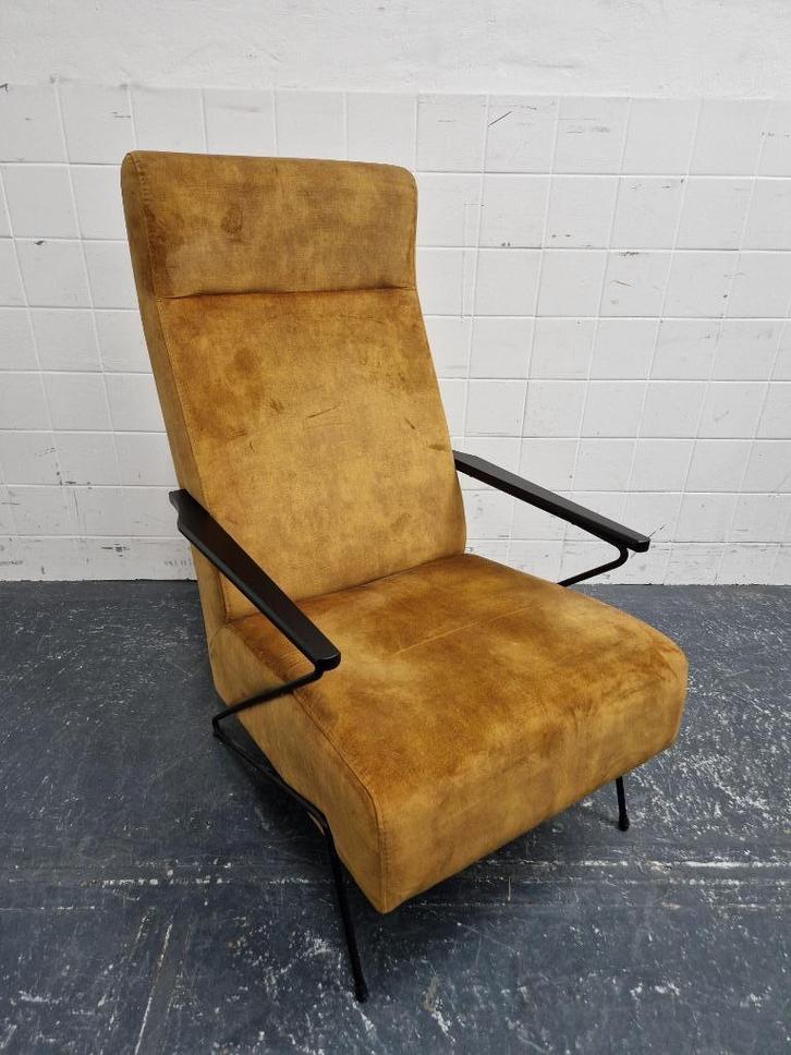 Fauteuil / bijzetfauteuil in velours goud gele stof, Huis en Inrichting, Fauteuils, Gebruikt, Hout, Metaal, Stof, Ophalen