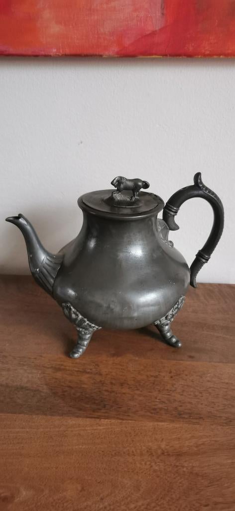 Antieke tinnen theepot met paardje, Antiek en Kunst, Ophalen of Verzenden