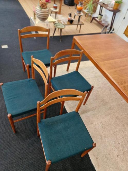Vintage eetkamerstoelen Zweeds teak/petrol 70s, Huis en Inrichting, Stoelen, Gebruikt, Blauw, Ophalen
