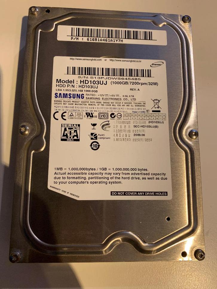 Samsung Spinpoint F1 HD103UJ 1TB HDD S13PJDWS645485, Computers en Software, Harde schijven, Gebruikt, Desktop, Ophalen of Verzenden