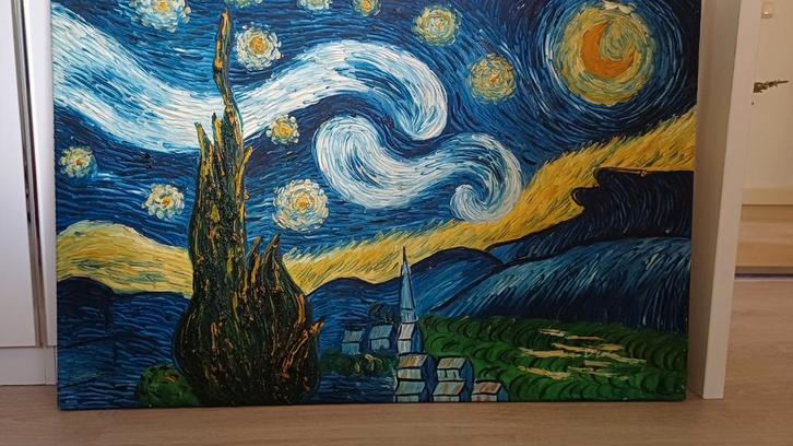 Van Gogh - Sterrennacht - Geschilderde Kopie, Antiek en Kunst, Kunst | Schilderijen | Klassiek, Ophalen of Verzenden