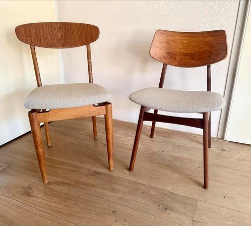 Set vintage Deens design stoelen refurbished, Huis en Inrichting, Stoelen, Zo goed als nieuw, Twee, Hout, Stof, Bruin, Ophalen