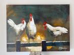 Heel mooi Schilderij 90x120 landelijk tafereel, kippen, Ophalen, Gebruikt, Schilderij, 100 tot 125 cm