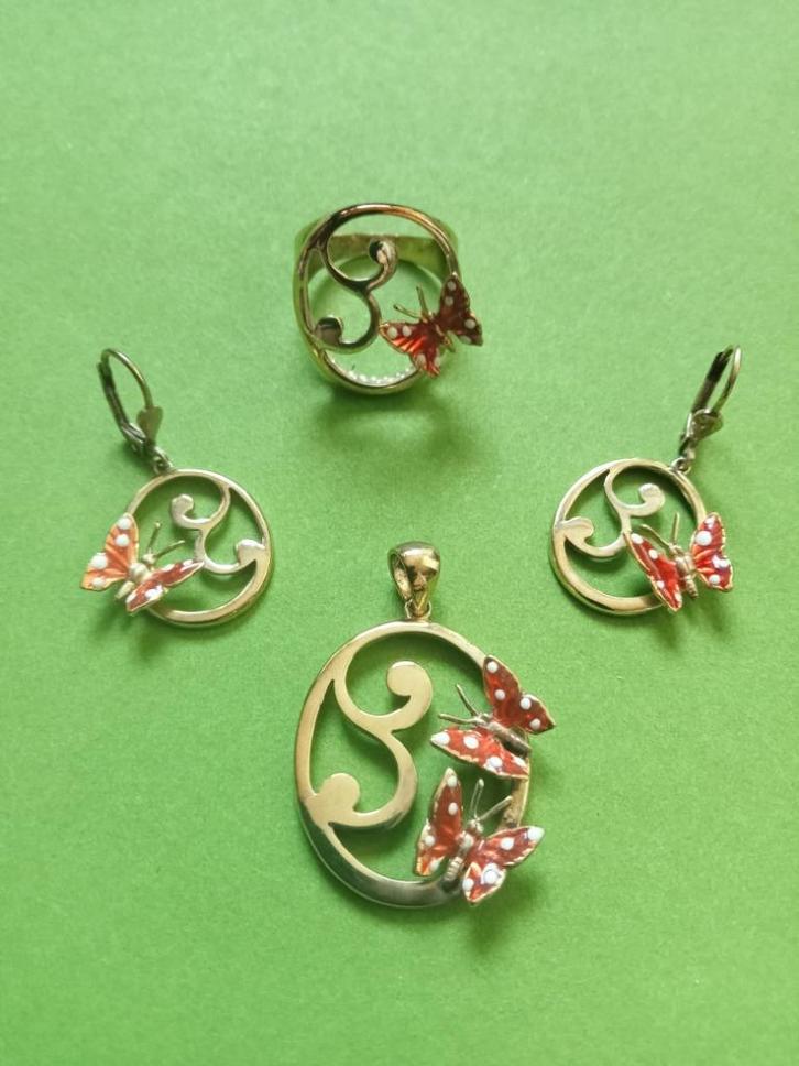Mooie Handgemaakte Goud op Zilveren Set met Vlindertjes, Sieraden, Tassen en Uiterlijk, Antieke sieraden, Ring, Zilver, Verguld