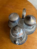 verzilverd peper, zout, mosterd set met houder, Antiek en Kunst, Verzenden