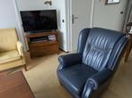 Fauteuil + Bankstel van donkerblauw buffel leer, Huis en Inrichting, Fauteuils, Ophalen, Gebruikt, 50 tot 75 cm, Hout