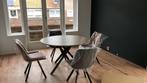 Moderne Ronde eettafel met zwarte x poten, Ophalen, 100 tot 150 cm, Rond, Zo goed als nieuw