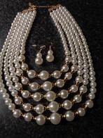 chic parel set ketting met 5 rijen parel en oorbellen, Sieraden, Tassen en Uiterlijk, Ophalen of Verzenden, Nieuw, Wit, Overige materialen