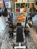 Gorilla Sports set: bank, stangen, dumbells, schijven, Ophalen, Benen, Krachtstation, Zo goed als nieuw