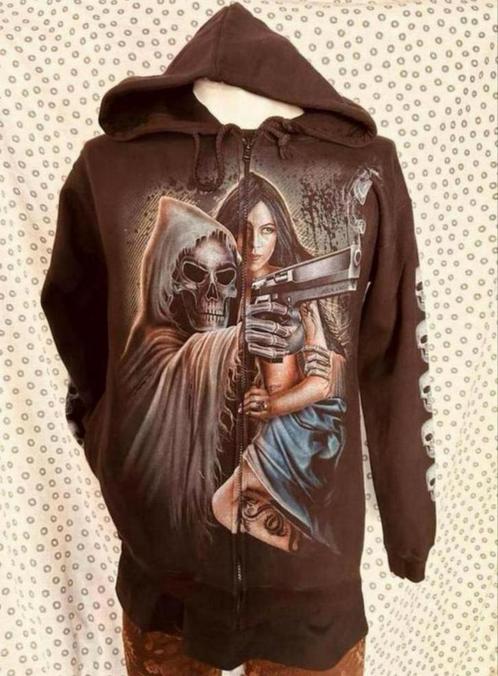 hoodie met rits, skull met pistool, biker, rocker, man,vrouw, Kleding | Heren, Truien en Vesten, Nieuw, Overige maten, Zwart, Ophalen of Verzenden