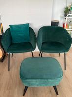 Groene velvet stoelen + poef (set), Huis en Inrichting, Stoelen, Ophalen, Zo goed als nieuw, Overige kleuren, Twee