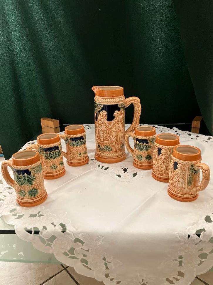 Vintage Bierpul Set Kan en 6 Bekers Keramiek Aardewerk Duits, Antiek en Kunst, Antiek | Keramiek en Aardewerk, Ophalen
