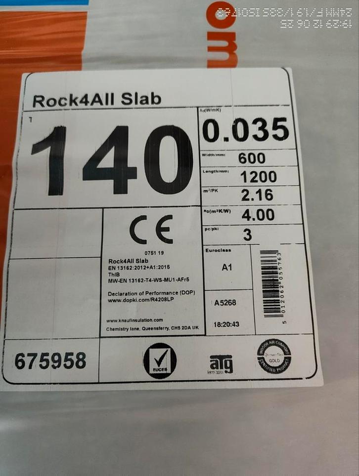 Knauf Steenwol Rockwoll 14cm 10.5 m2, Doe-het-zelf en Verbouw, Isolatie en Afdichting, Zo goed als nieuw, Steenwol, 12 cm of meer
