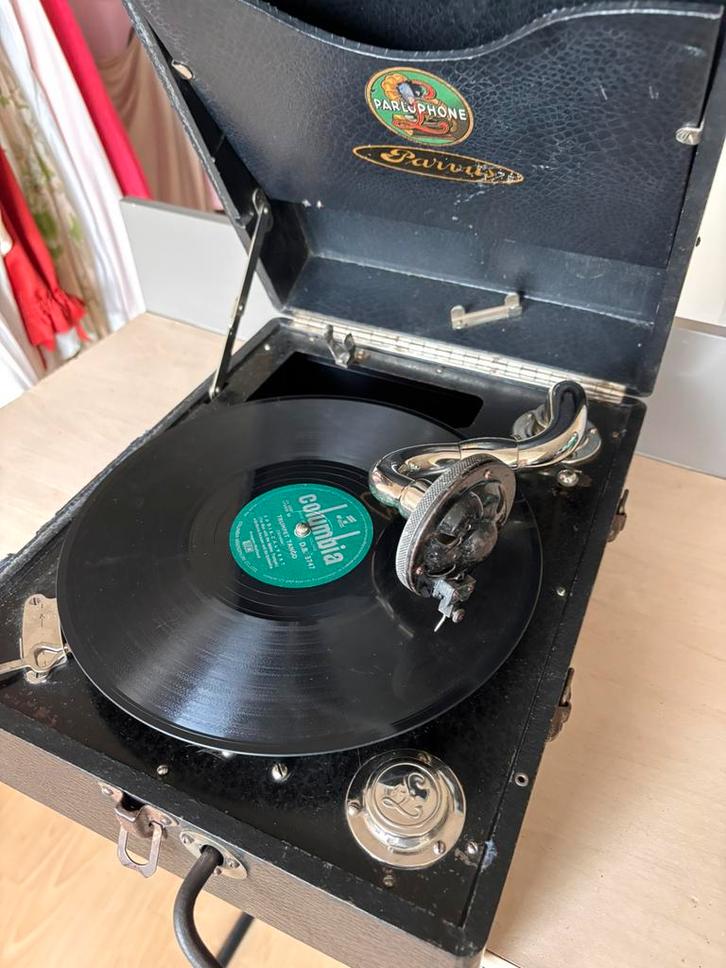 Grammofoon Parlophone Parvus met 8 platen 78toeren, Antiek en Kunst, Antiek | Tv's en Audio, Ophalen