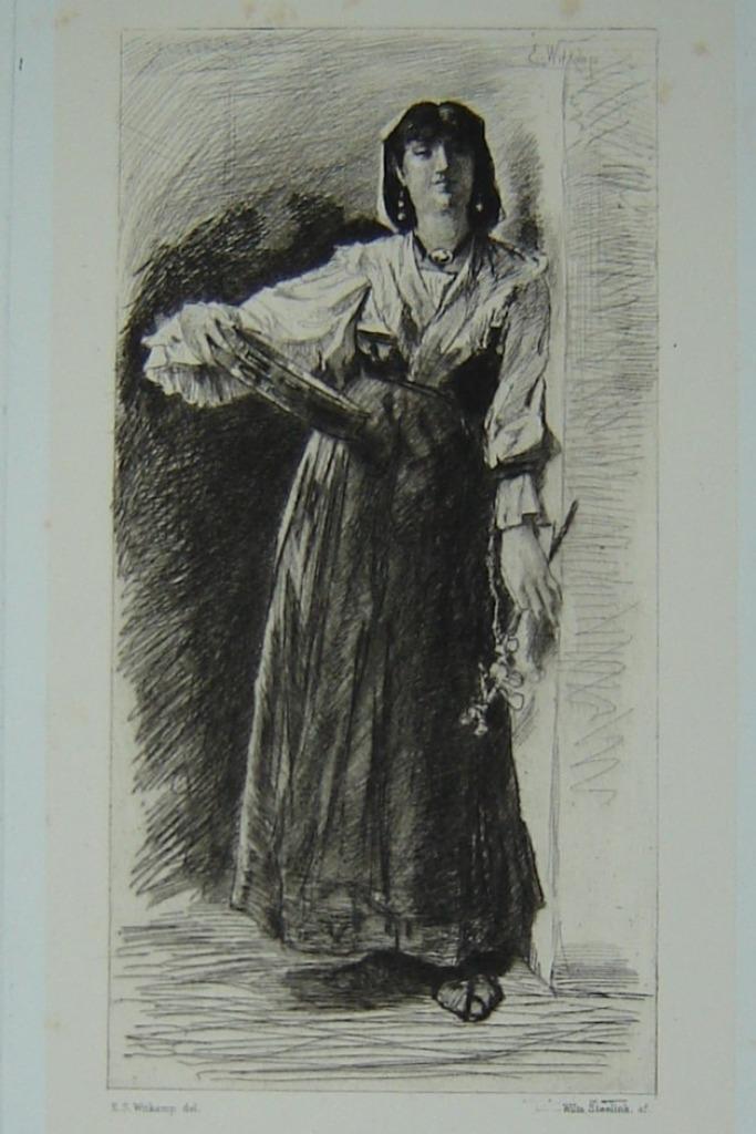 Ilaliaanse Vrouw met Tambourijn. Steelink / Witkamp, Antiek en Kunst, Kunst | Etsen en Gravures, Ophalen of Verzenden