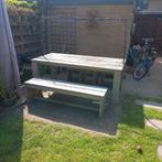 Tuinset steigerhout; tafel bankje & 3 krukjes, Tuin en Terras, Tuinsets en Loungesets, Ophalen, Gebruikt, Steigerhout