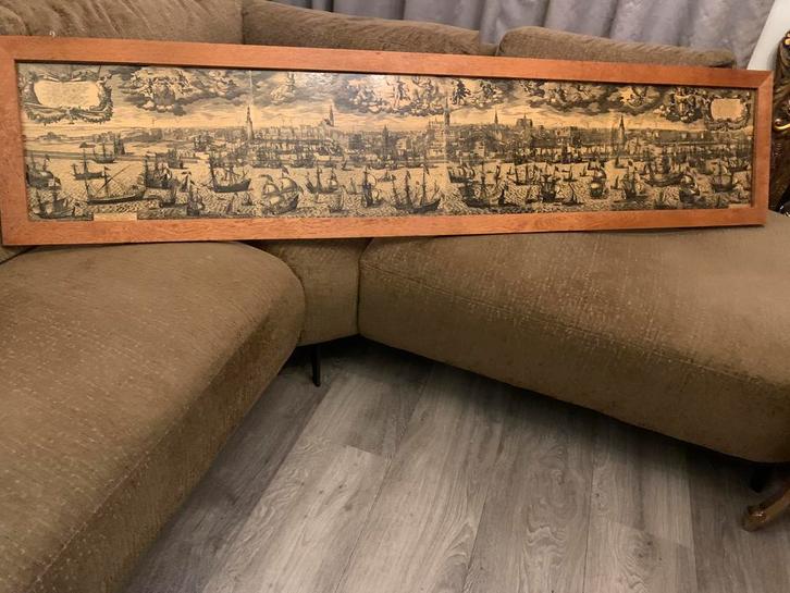 Oude Prent van een Havenstad in Lijst vintage schip boot XXL, Antiek en Kunst, Kunst | Etsen en Gravures, Ophalen