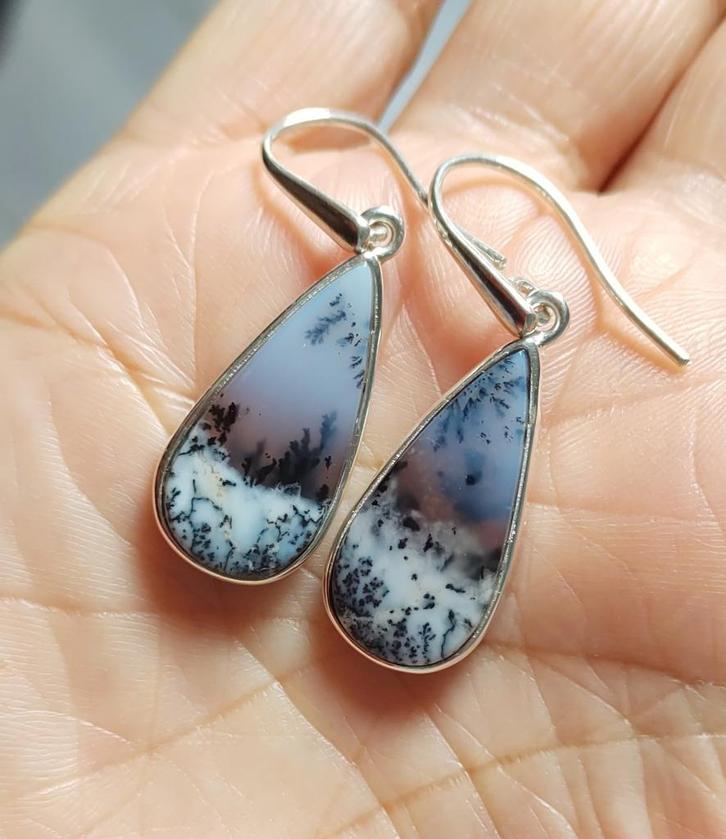 925 Zilveren oorbellen met natuurlijke Dendriet Opaal steen, Sieraden, Tassen en Uiterlijk, Oorbellen, Nieuw, Hangers, Zilver