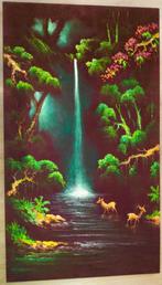 Handgeschilderd schilderij - Waterval met 2 herten in bos, Huis en Inrichting, Woonaccessoires | Schilderijen, Tekeningen en Foto's