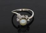 6 diamanten parel 14k wit gouden dames ring vintage luxe, Met edelsteen, Voordeelsieraden, Ophalen of Verzenden, Dame