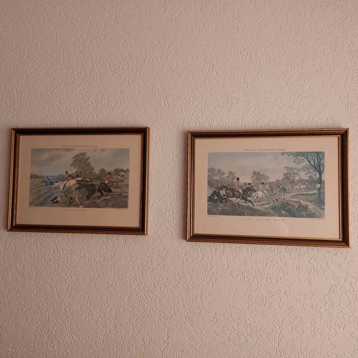 Twee oude schilderijen met jachttaferelen, Antiek en Kunst, Kunst | Etsen en Gravures, Ophalen of Verzenden