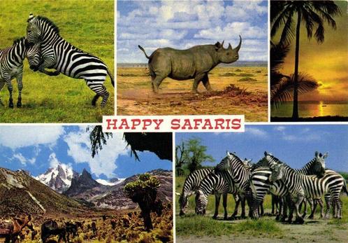 Happy Safaris - 5 afb o.a. neushoorn, zebra - gelopen, Verzamelen, Ansichtkaarten | Dieren, Gelopen, Paard, Ophalen of Verzenden