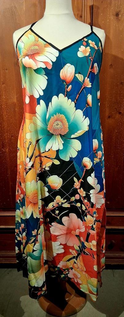 prachtige zomerjurk oranje blauw bloemen 46/48, Kleding | Dames, Jurken, Nieuw, Maat 46/48 (XL) of groter, Blauw, Onder de knie