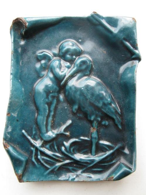 Oud Frans emaille schotel: engel met ooievaar, Godinfabriek?, Antiek en Kunst, Curiosa en Brocante, Ophalen of Verzenden