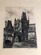Oude tekening van Praag, Antiek en Kunst, Kunst | Etsen en Gravures, Ophalen of Verzenden