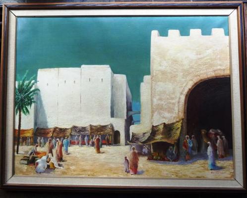 Arabische markt ~1950 - W.C.van Essel - doek - gelijst, Antiek en Kunst, Kunst | Schilderijen | Klassiek, Ophalen of Verzenden