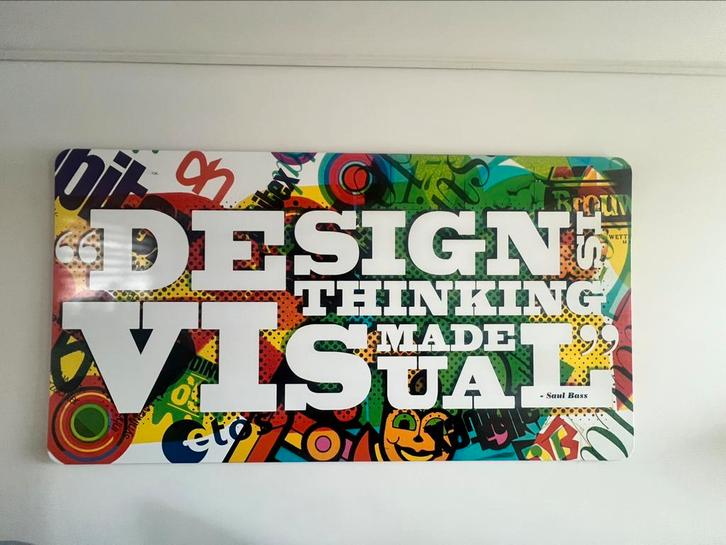 Groot kleurrijk kunstwerk – “Design is Thinking Made Visual”, Antiek en Kunst, Kunst | Schilderijen | Modern, Ophalen